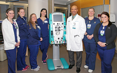Left to right: Noelle Bolingbroke, RN; Jill Petrone, RN; April Ahlers, ICU Nurse Manager; Vicky Yurisic, RN; Dr. Jose Saez; Dawn Wheway, RN; Bethany Campbell, RN 