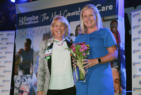 Judy Aliquo, CFRE, President and CEO Beebe Medical Foundation, and Karen Pickard, MSN, RN, CNE, Margaret H. Rollins School of Nursing Program Administrator, pose for a photo at the Nursing Excellence Awards. Pickard was awarded with the first Nursing Phil